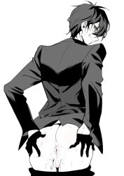 1boy ass_focus ass_grab asshole balls black_hair exposed_ass from_behind gloves licking_lips showing_ass showing_off slow_damage solo_male suit sweat sweating towa_(slow_damage) undressed