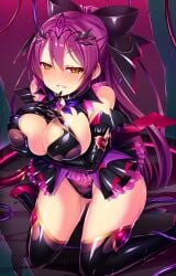 big_breasts black_gloves black_ribbon blush breasts collar corruption covered_nipples elbow_gloves gloves groping_breasts groping_self hair_ribbon large_breasts latex long_gloves long_hair magical_girl mind_control naughty_face naughty_smile nipples_visible_through_clothing original original_character pink_hair ponytail pubic_tattoo revealing_clothes ribbon satou_kuuki seductive_look seductive_smile skimpy_clothes tentacle thighhighs yellow_eyes