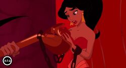 2d 2d_animation accurate_art_style aladdin animated bare_arms bare_breasts bare_midriff bare_shoulders belly_button black_hair black_ponytail bra bracelet brown_eyes brown_skin chain_pull chained chained_cuffs chained_wrists chains dark-skinned_female dark_skin disney disney_princess earrings evil_queen_jasmine exposed_breasts exposed_nipples female full_color gold_(metal) gold_bracelet gold_earrings gold_jewelry golden_bracelet golden_earrings hallownkight2 harem_girl harem_jewelry harem_outfit harem_pants jafar jafar_harem_outfit lipstick long_hair midriff navel nipples nipples_exposed nipples_outside pointy_shoes ponytail princess_jasmine red_bra red_lipstick red_pants slave slave_outfit slavegirl