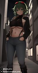 ai_generated alley city covered_nipples goggles_on_head green_eyes green_hair gumi gumi_arts hand_in_pants jacket jeans large_breasts looking_at_viewer megpoid megpoid_gumi navel night outdoors pov stable_diffusion tank_top tight_clothing tight_fit underboob vocaloid