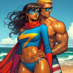 ai_generated beach beachwear blonde_hair blonde_hair_male brown_eyes brown_hair brown_skin clouds dark-skinned_female dark_skin discord_(marvel) earrings female holding holding_from_behind joshua_richardson kamala_khan light-skinned_male light_skin male marvel marvel_comics mask ms._marvel ms._marvel_(kamala_khan) muscular muscular_male ocean ring sand scarf sea seagull seagulls seaside shiny_body shiny_skin summer sunglasses t-shirt trunks writing_on_body