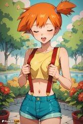 1girls ai_generated anime_girl anime_style artist_name bare_arms bare_shoulders blue_shorts blush breasts bush closed_eyes cloud collarbone cowboy_shot crop_top day denim denim_shorts eyelashes female flower hi_res kasumi_(pokemon) kasumi_(pokemon) medium_breasts midriff navel open_mouth orange_hair outdoors plant pokemon pokemon_(anime) pokemon_(classic_anime) pokemon_(game) rule34lab shirt short_hair short_shorts shorts side_ponytail sky sleeveless sleeveless_shirt smile solo suspender_shorts suspenders teeth thigh_gap tongue tongue_out tree upper_teeth_only water yellow_shirt