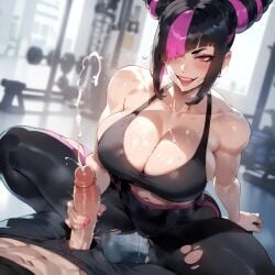 ai_generated big_ass big_breasts busty capcom curvy curvy_figure dripping drooling fat_ass female fit_female gym handjob juri_han saliva seductive smile smug street_fighter street_fighter_6 thick thick_ass thick_thighs tight_clothing voluptuous voluptuous_female wide_hips