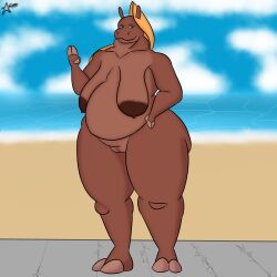 absurd_res anthro ass big_butt blonde_hair breasts cosmosarts erect_nipples female genitals hair hand_on_hip hi_res hippopotamid looking_at_another louise_(cosmosarts) mammal nipples nude overweight overweight_female plump_labia pussy sagging_breasts solo thick_thighs wide_hips