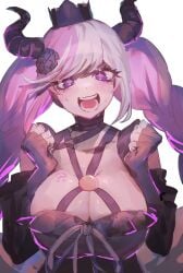 1girls :d black_crown black_horns braids breasts cleavage_overflow female flower gloves goth hair_ornament horns large_breasts master_detective_archives:_rain_code multicolored_hair purple_eyes shinigami_(rain_code) smile solo su_7_meri teeth white_background