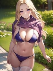 1girls ai_generated ai_mirror blonde_hair blush bushes flowers garden grass long_hair looking_at_viewer medium_breasts no_pants purple_eyes purple_shirt purple_underwear shirt_up stockings stone_path tree underwear walking white_skin