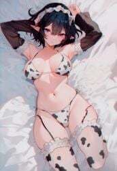 1girls bed_sheet belly_button bikini black_hair blue_eyes breasts covered_breasts covered_nipples cow_print cow_print_bikini cow_print_stockings detached_sleeves female female_only headdress horns huge_breasts indie_virtual_youtuber laying_on_bed light-skinned_female light_skin looking_at_viewer mika_boogey monster_girl on_bed pinji_(pinji8166) pointy_ears solo stockings virtual_youtuber white_bed_sheet