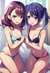 2girls ai_generated bedroom_setting black_bra black_panties blue_bra blue_eyes blue_panties classroom_of_the_elite female holding_hands mii-chan_(cote) on_bed on_knees open_mouth petite_body pigtails posing_for_the_viewer purple_eyes purple_hair red_hair ribbon_bra ribbon_panties satou_maya_(cote) schoolgirl underwear_only wang_mei-yu wsax youkoso_jitsuryoku_shijou_shugi_no_kyoushitsu_e