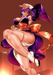 1girls ayane_(doa) big_breasts bowalia dead_or_alive kunoichi legs panties pantyshot purple_hair silf tecmo