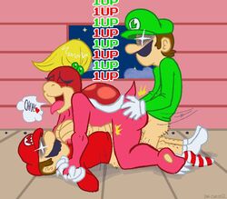 1girls 2boys anthro brown_hair clothes color doncorneo facial_hair female hair human human_on_anthro indoors interspecies koopa luigi male mario mario_(series) moustache nintendo pom_pom_(mario) scalie sex shell side_view straight super_mario_3d_land