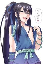 1boy androgynous black_hair blue_eyes blush drifters femboy feminine_male girly hair_ornament japanese_clothes japanese_text kimono long_hair long_hair_male looking_at_viewer male male_only nagiichi nasu_no_yoichi nipple open_mouth otoko_no_ko otokonoko ponytail presenting_nipple smile smiling_at_viewer solo speech_bubble tomgirl translation_request trap upper_body very_long_hair