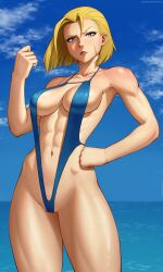 abs absurdres beach biceps blonde_hair blue_eyes blue_one-piece_swimsuit blue_sky bob_cut breasts cameltoe cammy_white clenched_hands collarbone day facial_scar female hand_on_own_hip highres looking_at_viewer mangho medium_breasts navel ocean one-piece_swimsuit paid_reward_available scar scar_on_cheek scar_on_face short_hair sky sling_bikini solo street_fighter street_fighter_6 swimsuit thick_thighs thighs toned