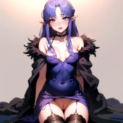 1girls 2024 ai_generated blush caster_(fate/stay_night) choker elf_ears fate_(series) female female_focus female_only kxy lipstick looking_at_viewer medea_(fate) negligee purple_hair purple_lipstick pussy sitting stockings