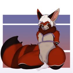 ailurid anthro big_ears bodily_fluids canid canine cum cuntboy ertonhin fennec fox genital_fluids hi_res hybrid intersex male mammal nibbles_(snowypaws) paws pussy red_panda