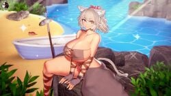 3d 3d_(artwork) almefa_(cute_birdd) alternate_version_available beach big_breasts big_thighs bikini blush breasts breasts_bigger_than_head breasts_out cat_ears cat_tail catgirl cute_birdd gloves green_hair koikatsu looking_at_viewer nails nipple_bulge nipples orange_eyes original smile smiling smiling_at_viewer tan-skinned_female tan_body tan_skin tanned thick_thighs thighs tribadism