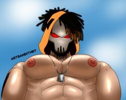 bandithrt big_breasts big_nipples bundle_(free_fire) character_(free_fire) dreadlocks free_fire gay_male hood hoodie male male_only mask masked_male muscular muscular_male necklace oiled_skin red_eyes sweat tattoo tattoos