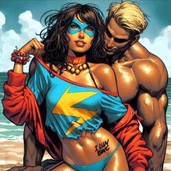 ai_generated beach beachwear blonde_hair blonde_hair_male brown_eyes brown_hair brown_skin clouds dark-skinned_female dark_skin discord_(marvel) earrings female handband holding jacket joshua_richardson kamala_khan light-skinned_male light_skin looking_at_another looking_at_partner male marvel marvel_comics mask ms._marvel ms._marvel_(kamala_khan) muscular muscular_male neckband necklace ocean ring sand scarf sea seaside shiny_body shiny_skin standing_from_behind summer t-shirt trunks writing_on_body