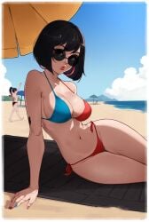 beach bikini bikini_bottom bikini_top bob_cut brown_eyes brown_hair cleavage epic_games evie_(fortnite) fortnite fortnite:_battle_royale glasses helsie_(fortnite) lilatole medium_breasts painted_nails short_hair sunglasses tagme tattoo tinted_eyewear