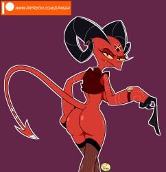 absurd_res anthro ass barbie_wire big_ass birthmark breasts claws demon fangs female helluva_boss hi_res horn ilpanza imp markings open_mouth open_smile panties partially_clothed red_body red_eyes simple_background smile solo tattoo teeth thick_thighs