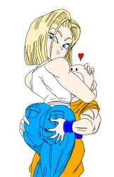 1boy 1girls android_18 ass_focus ass_grab big_ass bigger_female blonde_hair canon_couple couple dragon_ball dragon_ball_super dragon_ball_z female funsexydragonball heart jeans krillin kuririn male married_couple muscular_male size_difference