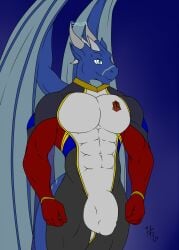 abs anthro balls_outline big_bulge blue_body blue_skin bodysuit bulge clothing dragon genital_outline hi_res horn hunterramirez male mtt3_(mtt3) muscular muscular_male penis_outline skinsuit solo spacesuit spandex spandex_suit suit tight_clothing wings