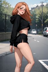 ai_generated ass crop_top day female female_only glasses hoodie long_hair looking_at_viewer medium_breasts orange_hair outdoors outside round_ass shorts skirt skirt_lift sneakers street tokyo_revengers vehicle yuzuha_shiba