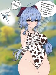 2girls arms_behind_back big_breasts blue_hair blush bodysuit cow_girl cow_print cow_print_swimsuit crane_(bird) english_text female_only ganyu_(genshin_impact) genshin_impact horns long_hair looking_at_viewer sex text text_bubble thick_thighs thighs thought_bubble ursweetgf2 watermark xianyun_(genshin_impact)