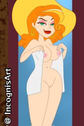 1girls background_character incognis looking_at_viewer nipples nude pussy red_hair smile starlett_johansson tagme the_looney_tunes_show towel