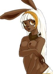 animal_ears brown_eyes bunny_ears dark-skinned_female dark_skin female final_fantasy final_fantasy_tactics_advance hairband long_hair simple_background sitcake solo topless viera white_hair