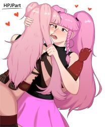 2girls bangs bare_arms black_eyes blush braid earrings female female_only fire_emblem fire_emblem:_three_houses french_kiss gloves hair_grab hand_on_another's_head heart hilda_valentine_goneril hpjpart kissing long_hair looking_at_another multiple_girls nintendo open_mouth original pink_eyes pink_hair ponytail post-timeskip saliva skirt sleeveless standing tongue tongue_out twin_braids twintails very_long_hair white_background yuri