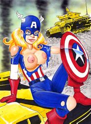 1girls american_dream american_flag american_flag_bodysuit barry_blair big_breasts blonde_hair blue_eyes breasts captain_america's_shield captain_america_(series) female female_only large_breasts long_hair marvel marvel_comics mc2 nipples shannon_carter solo superheroine tagme torn_clothes uncensored