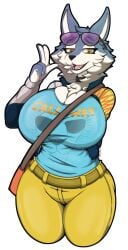 1girls 2024 2d 2d_(artwork) 5_fingers anthro anthrofied big_breasts big_thighs blue_shirt bookbag breasts cheek_tuft choker ear female female_only furry furry_female furry_only grey_fur hi_res highres hips huge_breasts illumination_entertainment large_breasts large_thighs long_ears pants peace_sign porsha_crystal shirt simple_background sing_(movie) sing_2_(movie) smile smiling standing stretched_belt sunglasses sunglasses_on_head thick_thighs thigh_gap thighs tonge tuft tufted_fur white_background white_fur wide_hips wolf wolf_ears wolf_girl yellow_eyes yellow_pants zak_hitsuji