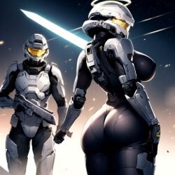 1boy 1girls ai_generated armor armored armored_gloves ass big_ass gun halo halo_(series) helmet large_breasts power_armor spartan_(halo) visor