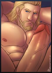 1boy abs avengers bara beard big_penis blonde_hair erection human human_only light-skinned_male light_skin male male_only marvel mature mature_male muscular nude pecs penis sablechan solo thor_(marvel) thor_(series)