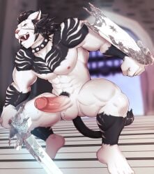 abs absurd_res anthro ball_tuft black_body black_fur black_hair bodily_fluids collar erection facial_markings fangs felid final_fantasy final_fantasy_xiv fur fur_markings gate genital_fluids genitals hair head_markings hi_res hrothgar huge_filesize humanoid_genitalia humanoid_penis ibaraki male male_only mammal markings melee_weapon muscular muscular_anthro muscular_male nipples nude open_mouth paladin pecs penis precum pubes shield smile solo spiked_collar spikes square_enix stairs sword tail tail_tuft teeth tuft weapon white_body white_fur