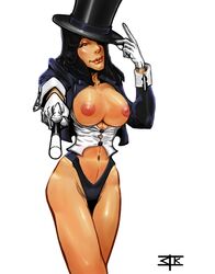 black_hair breasts breasts_out brown_eyes dc eyelashes female female_only gloves hat hat_over_one_eye highleg highleg_panties human long_hair navel nipples outstretched_arm panties pee-kay simple_background solo standing straight_hair top_hat unbuttoned wand white_background white_gloves zatanna