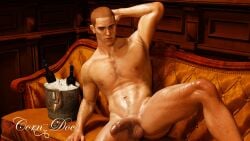 1boy 3d 3d_model alcohol_bottles blue_eyes brown_hair capcom cornydoc flaccid flaccid_cock flaccid_penis indoor_nudity indoors jake_muller lean_body lean_muscle light-skinned_male light_skin male male_focus male_only male_pov masculine muscular resident_evil resident_evil_6 solo solo_male