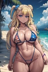 1girls abs ai_generated american_flag_bikini athletic_female beach big_breasts bikini blonde_hair blue_eyes clouds curvy_female curvy_figure feet_out_of_frame female female_only galko hair_bun hair_ornament light-skinned_female light_skin long_hair looking_at_viewer oshiete!_galko-chan outside palm_tree standing swimsuit thick thick_thighs toned_female voluptuous voluptuous_female water wide_hips