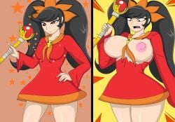 1girls 2022 2_panel_comic aged_up areolae ashley_(warioware) big_breasts black_hair bottomless breast_expansion breasts cbear624 clothed curious expansion female female_only hair_accessory hand_on_hip light_skin magic mario_(series) nintendo nipples open_mouth orange_background pixiv red_eyes robe simple_background solo stars surprised sweat sweatdrop torn_clothes twintails uncensored_breasts wand wardrobe_malfunction wario_(series) warioware witch yellow_background