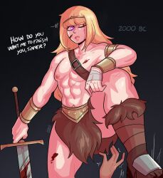 1boy ambush_(trap) barbarian blonde_hair dialogue english_text femboy girly hi_res loggus_doggus long_hair looking_at_viewer male muscular muscular_male nephie_(loggus_doggus) one_eye_closed purple_eyes sword talking_to_viewer text