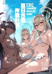 3girls absurdres akane_(blue_archive) arm_behind_head arm_up asuna_(blue_archive) asymmetrical_bangs bikini bikini_top_only black_hair blue_archive blue_eyes blue_halo blue_sky blush breasts brown_eyes brown_halo cleaning_&_clearing_(blue_archive) cover dark-skinned_female dark_skin glasses hair_between_eyes halo halterneck hand_up hands_on_eyewear highres indian_style karin_(blue_archive) large_breasts light_brown_hair long_hair looking_at_viewer maid maid_bikini maid_headdress micro_bikini millennium_science_school_logo_(blue_archive) millennium_science_school_student mole mole_on_breast multiple_girls navel outdoors palm_tree purple_halo rock sitting sitting_on_rock sky slit_pupils smile sweatdrop swimsuit tree unconventional_maid wariza white_bikini yellow_eyes zen_juraku