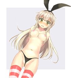 arms_behind_back black_panties blush breasts brown_hair female hairband kantai_collection kimamani long_hair nipples panties personification shimakaze_(kantai_collection) solo striped striped_legwear thighhighs topless underwear yellow_eyes