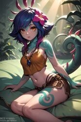 ai_generated bodypaint clothed clothing flower flower_in_hair league_of_legends multicolored_hair necklace neeko pinkagapi short_hair shorts tail yellow_eyes