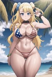 1girls ai_generated american_flag_bikini beach big_breasts bikini blonde_hair blue_eyes breasts curvaceous curvy_body curvy_female feet_out_of_frame female female_focus female_only galko hair_bun hair_ornament hands_up light-skinned_female light_skin long_hair looking_at_viewer oshiete!_galko-chan outside standing swimsuit thick thick_thighs voluptuous voluptuous_female water wide_hips