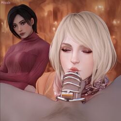 1boy 2d 2d_(artwork) 2d_artwork 2girls ada_wong ashley_graham ashley_graham_(ella_freya) asian asian_female black_hair blonde_eyebrows blonde_female blonde_hair brown_eyes capcom chastity chastity_cage chastity_device closed_eyes clothed clothed_female_nude_male clothing dominant_female domination female female_domination femdom kissing kissing_chastity_cage kissing_penis kissing_penis_tip light-skinned_female light-skinned_male light_skin looking_at_viewer male male/female male/female/female malesub mizzle non-web_source orange_jacket penis puckered_lips red_sweater resident_evil resident_evil_4 resident_evil_4_remake small_penis small_penis_adoration submission submissive_male teasing watermark