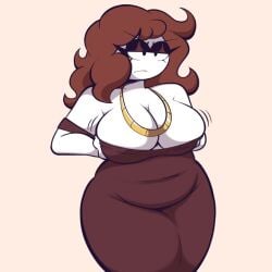 1girl adjusting_clothes adjusting_clothing boob_jiggle brown_hair carmen_(spooky_month) choobsters female jiggling_breasts milf necklace only_female solo solo_female spooky_month tagme white_body	 white_skin