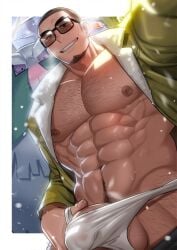 1boy abomasnow abs absol_(dkqthf) bara bare_pectorals black_pants bulge clothes_pull erection erection_under_clothes facial_hair green_jacket jacket kukui_(pokemon) large_pectorals looking_at_viewer male male_focus male_only muscular muscular_male navel navel_hair nintendo nipples open_clothes open_jacket pants pants_pull pectorals pokémon_(species) pokemon pokemon_(species) shaved_head short_hair smile sunglasses teeth testicles very_short_hair