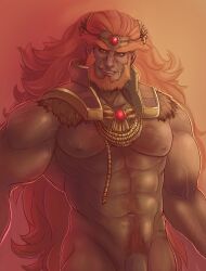 1boy abs arm_hair armor bara bare_pectorals beard benzy_(artist) bottomless chest_hair circlet colored_skin cowboy_shot facial_hair flaccid fur-trimmed_armor fur_trim ganondorf gem gradient_background green_skin highres large_pectorals long_hair looking_at_viewer male_focus male_only male_pubic_hair mature_male muscular muscular_male navel navel_hair nipples nude orange_hair pectorals penis_out_of_frame pointy_ears pubic_hair red_gemstone sharp_teeth shoulder_armor simple_background smile solo teeth the_legend_of_zelda thick_beard veins veiny_arms very_long_hair