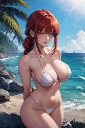 ai_generated arms_behind_back bangs beach big_breasts bikini braid chainsaw_man looking_at_viewer lxlbanner makima_(chainsaw_man) navel red_hair white_bikini