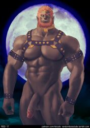 1boy arm_strap bad_id bad_tumblr_id bara beard chest_harness choker circlet closed_mouth colored_skin completely_nude cowboy_shot expressionless facial_hair flaccid forked_eyebrows full_moon ganondorf green_skin hair_slicked_back half-erect harness large_pectorals large_penis looking_at_viewer male_focus male_only mature_male moon moon_background muscular muscular_male nude orange_hair pectorals penis pointy_ears randombaradude short_hair solo the_legend_of_zelda thick_beard thick_eyebrows wrist_straps yellow_eyes